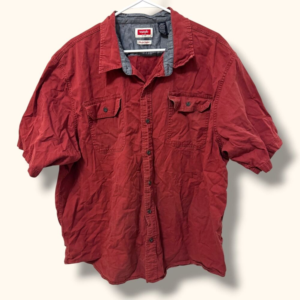 Wrangler Shirt Mens 2XL Red Short Sleeve Button Front Cotton Chest Pockets Flaw